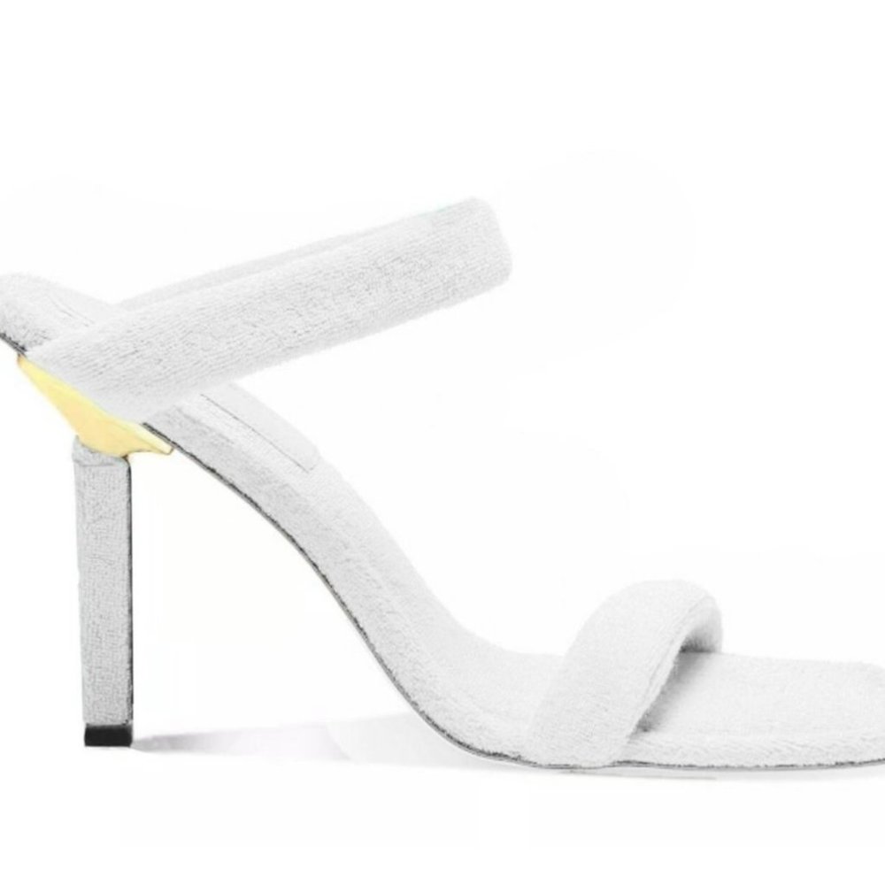 GOOD AMERICAN Women’s White Terry Double Band High Heel Slides Sandals S…